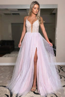 Load image into Gallery viewer, Sparkly Princess Pink Beaded Tulle A Line Long Prom Dress with Slit