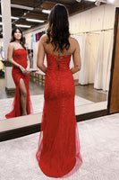 Load image into Gallery viewer, Red Tulle Backless Mermaid Long Prom Dress with Slit