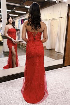 Red Tulle Backless Mermaid Long Prom Dress with Slit