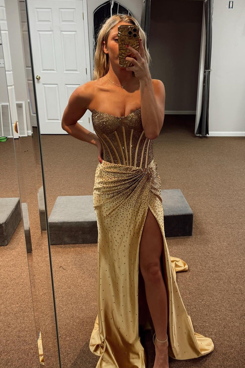 Load image into Gallery viewer, Women Sparkly Golden Corset Prom Dress with Slit Satin Mermaid Beaded Strapless Long Formal Dress