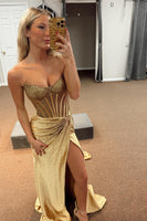 Load image into Gallery viewer, Sparkly Golden Mermaid Beaded Corset Strapless Long Prom Dress with Slit