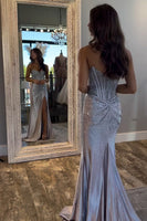 Load image into Gallery viewer, Sparkly Golden Mermaid Beaded Corset Strapless Long Prom Dress with Slit