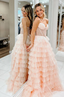 Load image into Gallery viewer, Sparkly Pink Corset Beaded Tiered Long Prom Dress