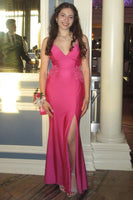 Load image into Gallery viewer, Fuchsia Satin V-Neck Long Sheath Prom Dress with Slit