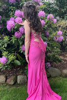 Load image into Gallery viewer, Fuchsia Satin V-Neck Long Sheath Prom Dress with Slit