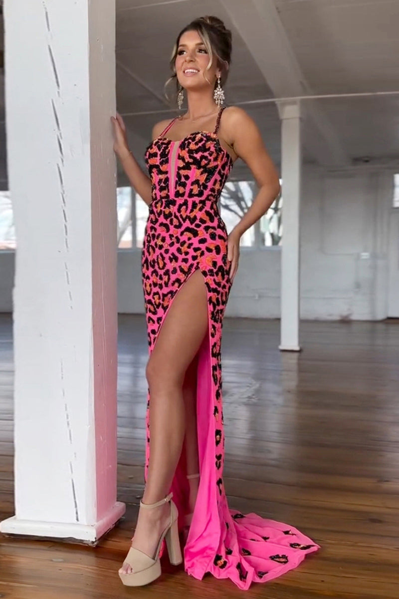 Load image into Gallery viewer, Cheetah Printed Fuchsia Corset Long Prom Dress with Slit