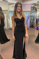 Load image into Gallery viewer, Sparkly Black Corset Spaghetti Straps Appliques Long Prom Dress with Slit