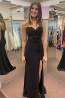 Load image into Gallery viewer, Sparkly Black Corset Spaghetti Straps Appliques Long Prom Dress with Slit