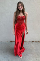 Load image into Gallery viewer, Sparkly Red Spaghetti Straps Appliques Long Corset Prom Dress with Slit