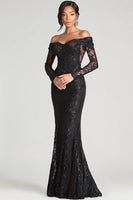 Load image into Gallery viewer, Women Sparkly Black Lace Long Formal Dress with Long Sleeves Mermaid Off the Shoulder Floor Length Prom Dress