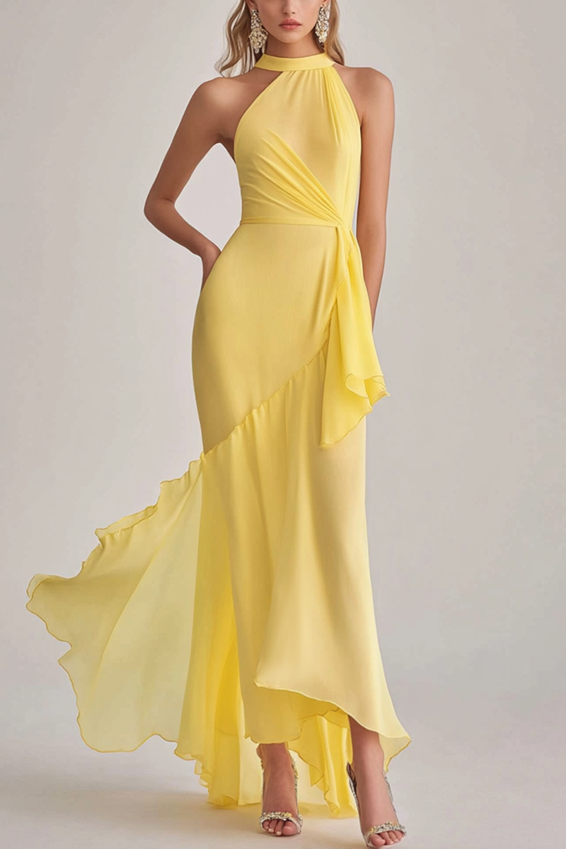 Load image into Gallery viewer, Daffodil Chiffon Asymmetrical Ruffled Long Formal Dress