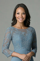 Load image into Gallery viewer, Floral Dusty Blue Illusion 3/4 Sleeves Mother of the Bride Dress