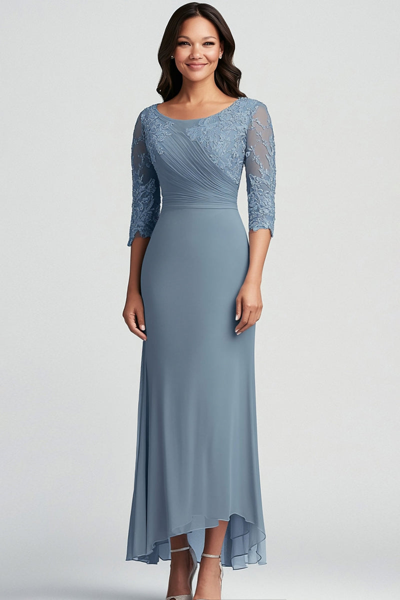 Load image into Gallery viewer, Dusty Blue Floral Ruched Asymmetrical Mother of the Bride Dress
