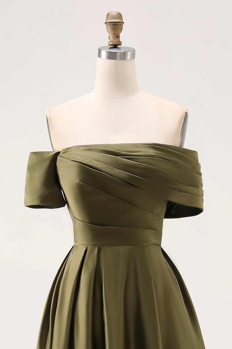 Load image into Gallery viewer, Off the Shoulder Olive Asymmetrical Satin Mother of the Bride Dress