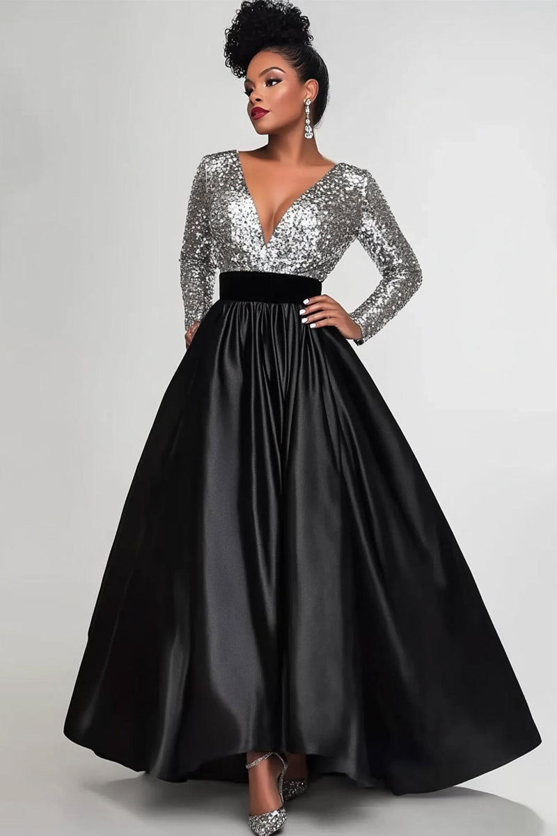 black and silver wedding dress Queendancer Women Sparkly Black Silver Mother of the Bride Dress with Long  Sleeves Satin Sequin A Line V-Neck Floor Length Wedding Guest Dress –  queendanceruk