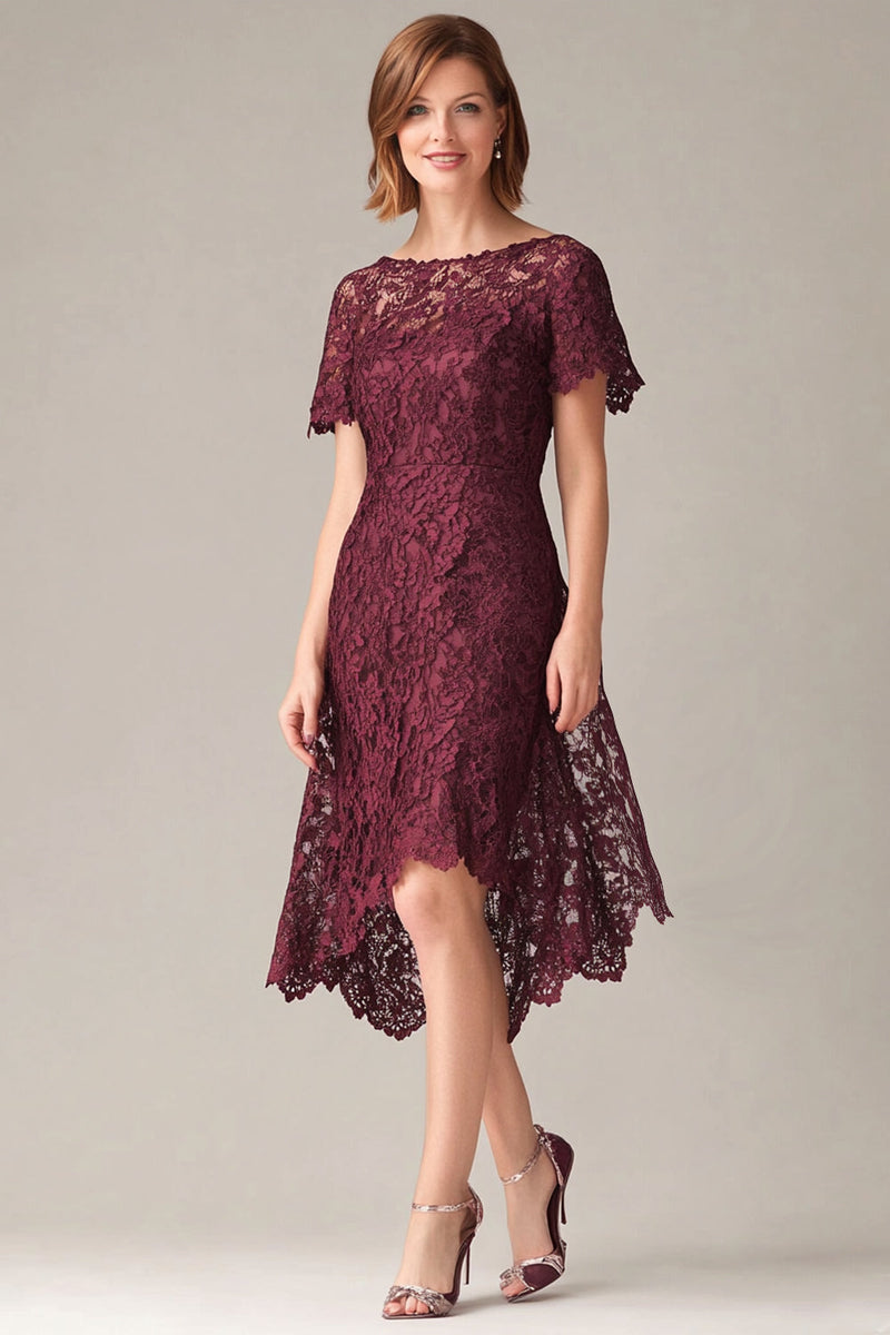 princess polly baby blue dress Queendancer Women Elegant Burgundy Lace Mother of the Bride Dress with  Short Sleeves Asymmetrical Round Neck Wedding Guest Dress – queendanceruk