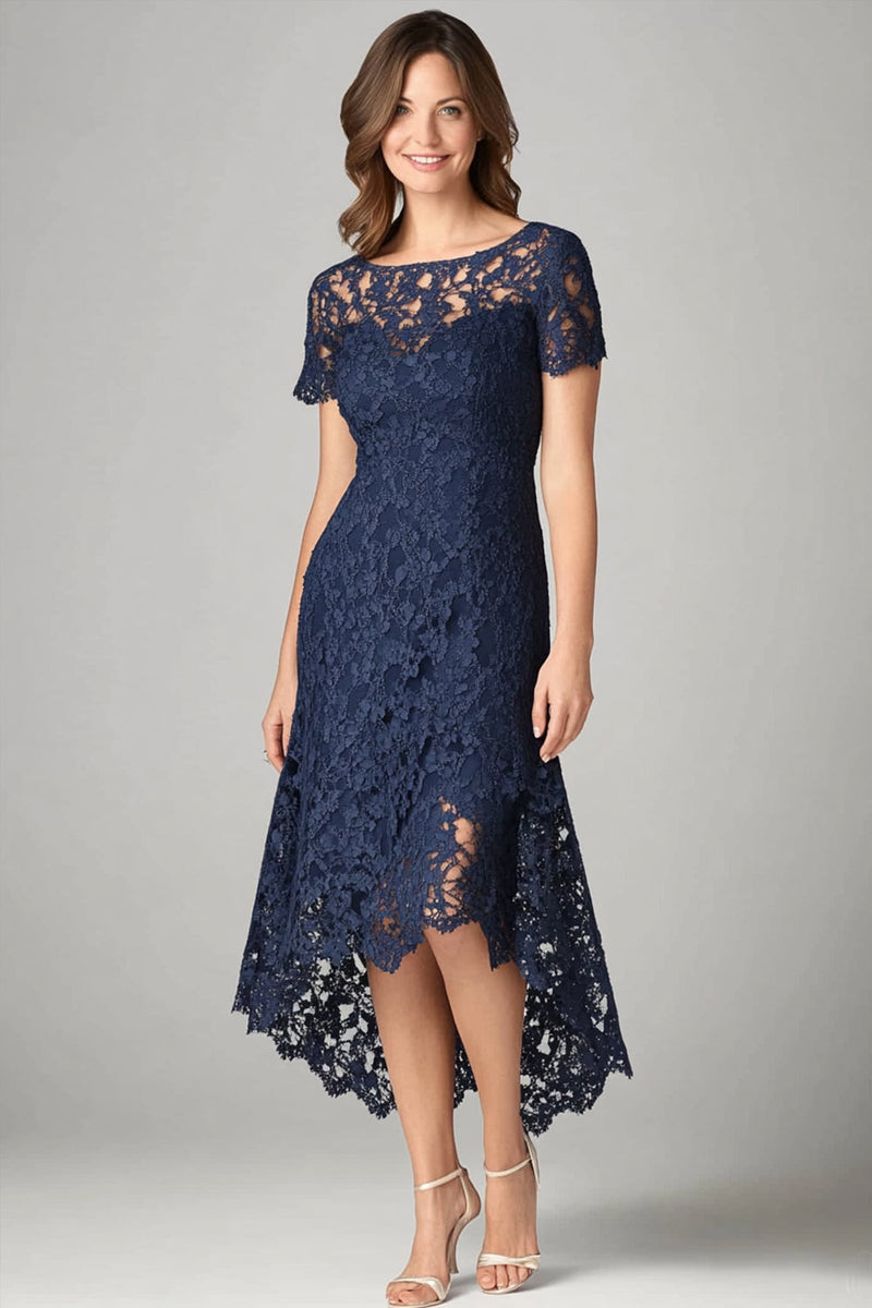 Queendancer Women Elegant Burgundy Lace Mother of the Bride Dress with  Short Sleeves Asymmetrical Round Neck Wedding Guest Dress – queendanceruk