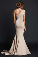 Load image into Gallery viewer, Elegant Khaki Ruched One Shouder Satin Long Formal Dress