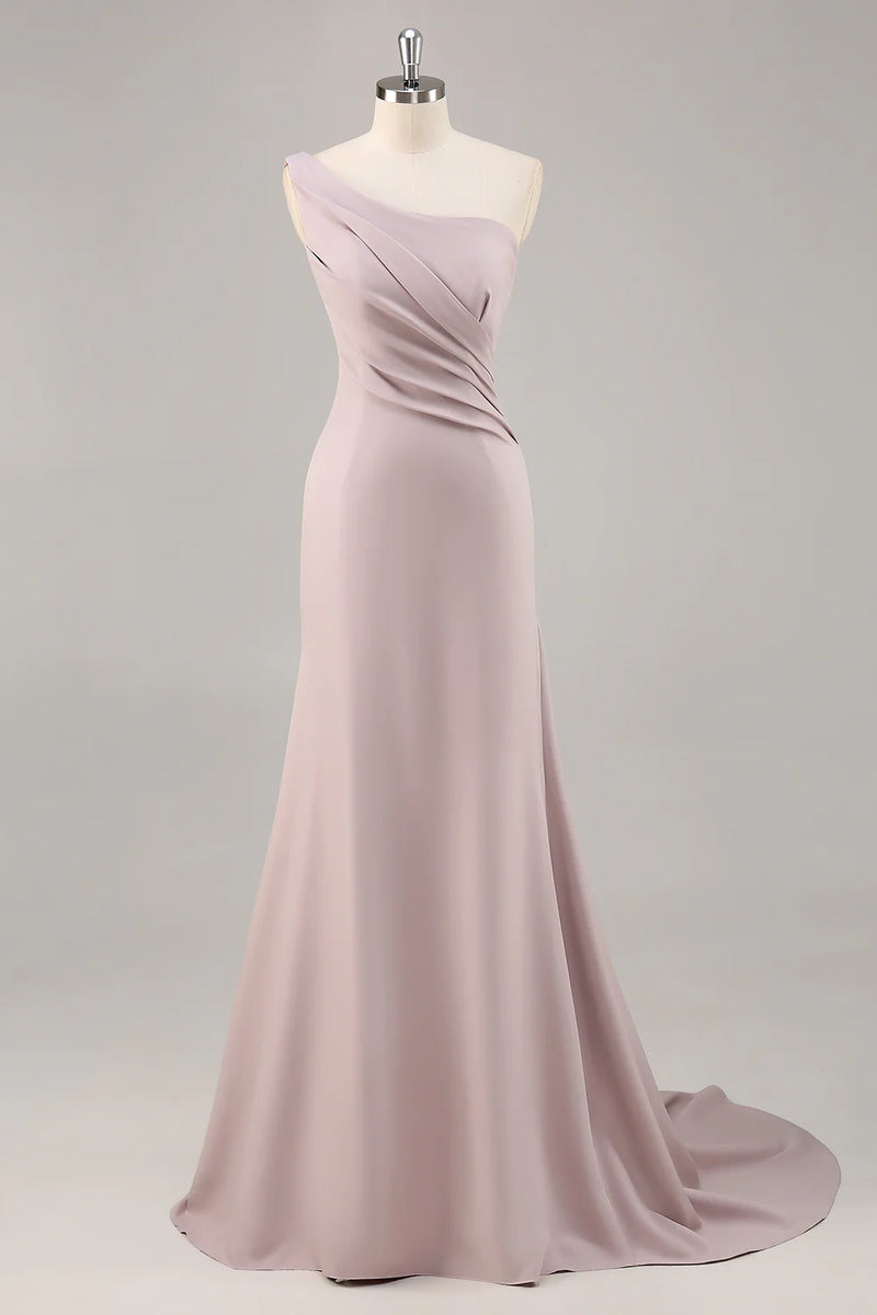 Load image into Gallery viewer, Elegant Khaki Ruched One Shouder Satin Long Formal Dress