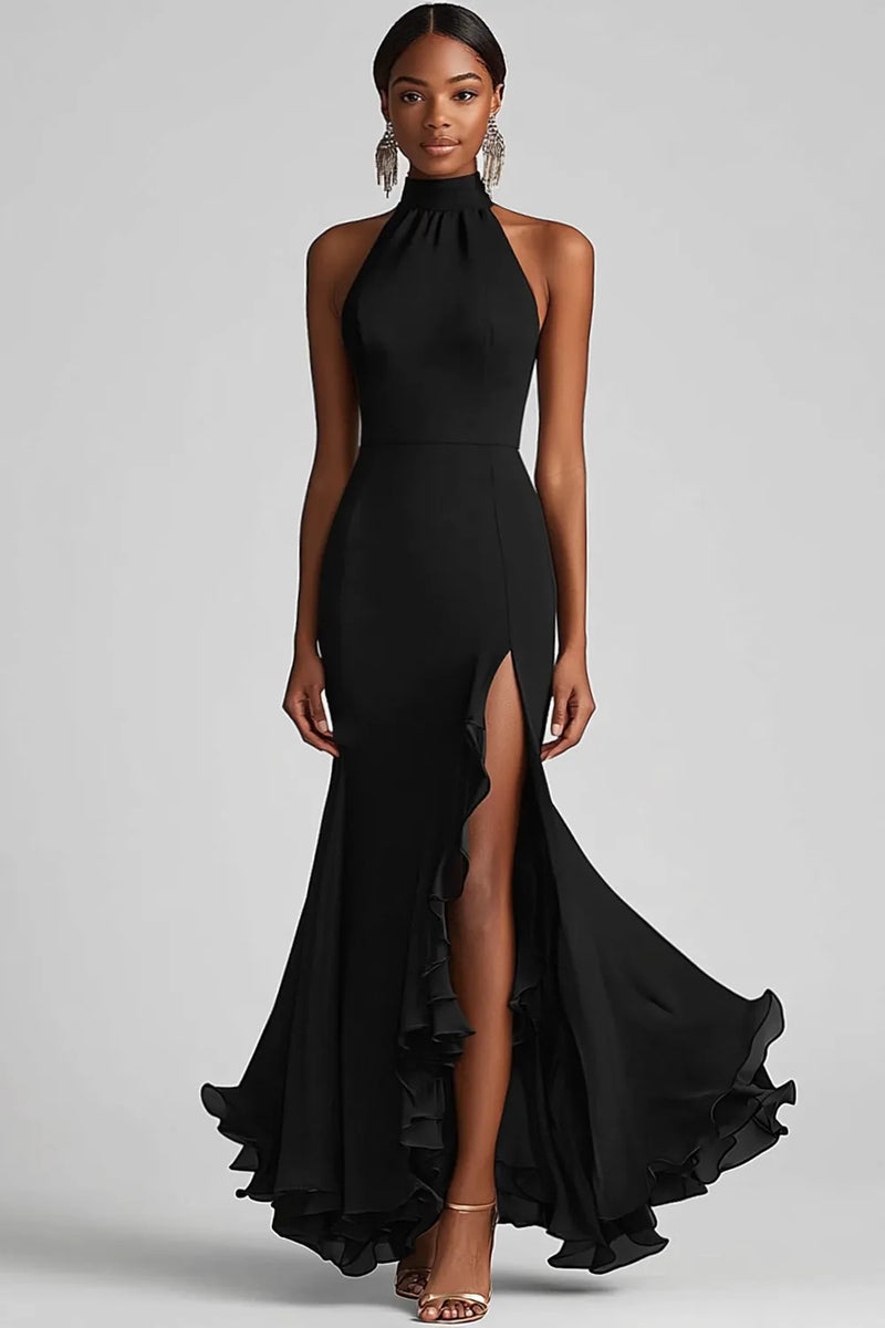 Load image into Gallery viewer, Twilight Sheath High Neck Ruffled Long Formal Dress with Slit