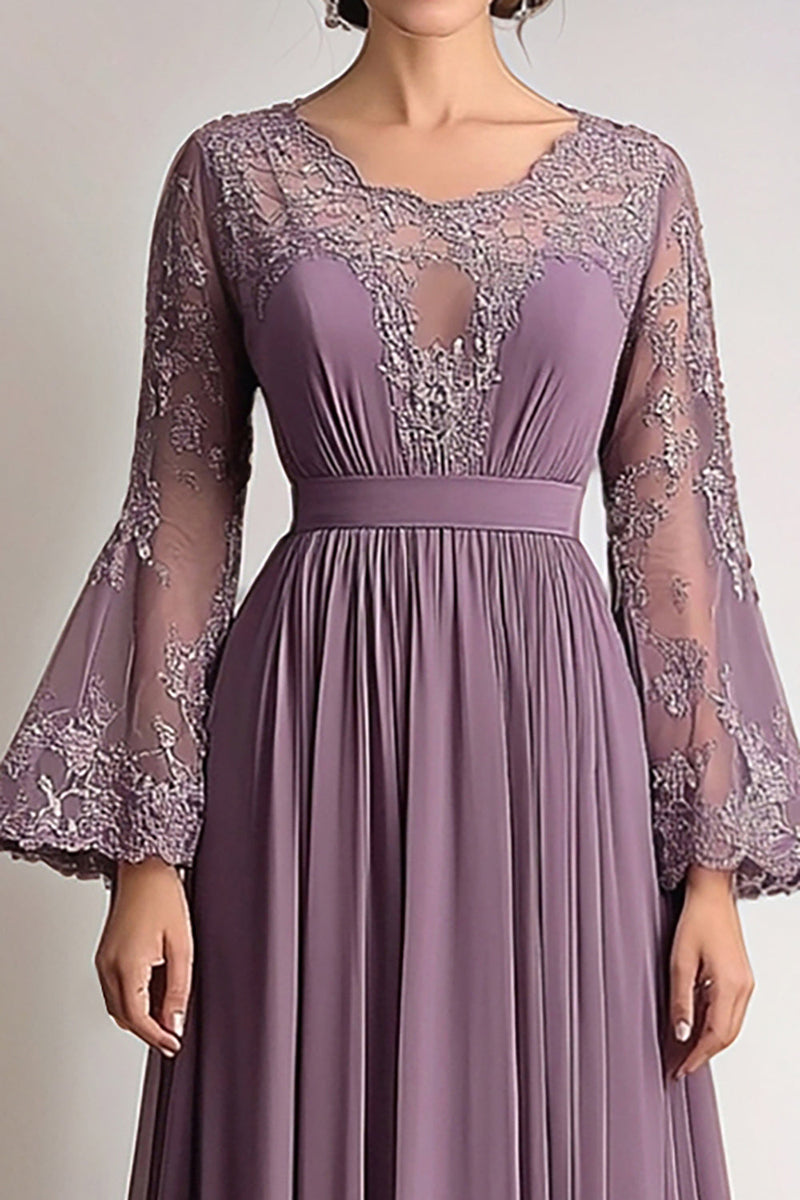 Load image into Gallery viewer, Taro Purple Chiffon Pleated Long Sleeves Mother of the Bride Dress