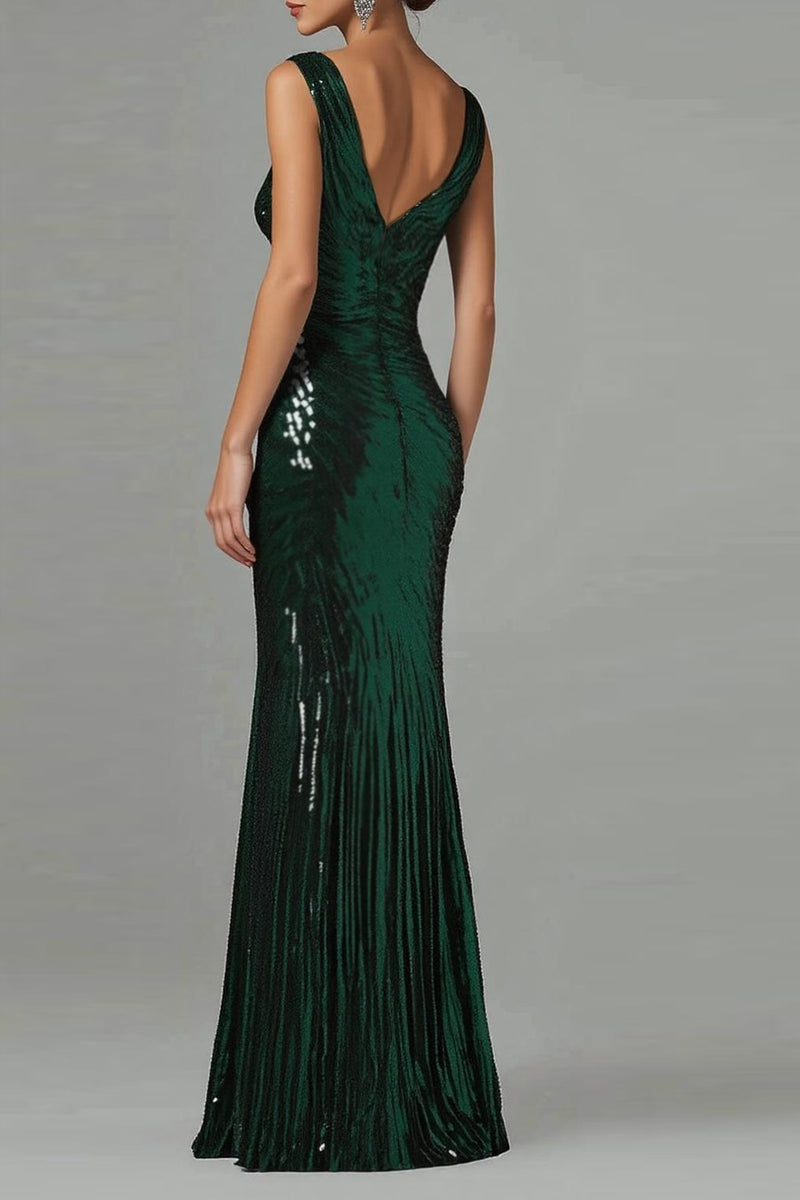Load image into Gallery viewer, Dark Green V-Neck Sheath Sparkly Long Formal Dress