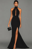 Load image into Gallery viewer, Queendancer UK Women Elegant Black Satin Formal Dress with Slit Mermaid Keyhole Long Prom Dress