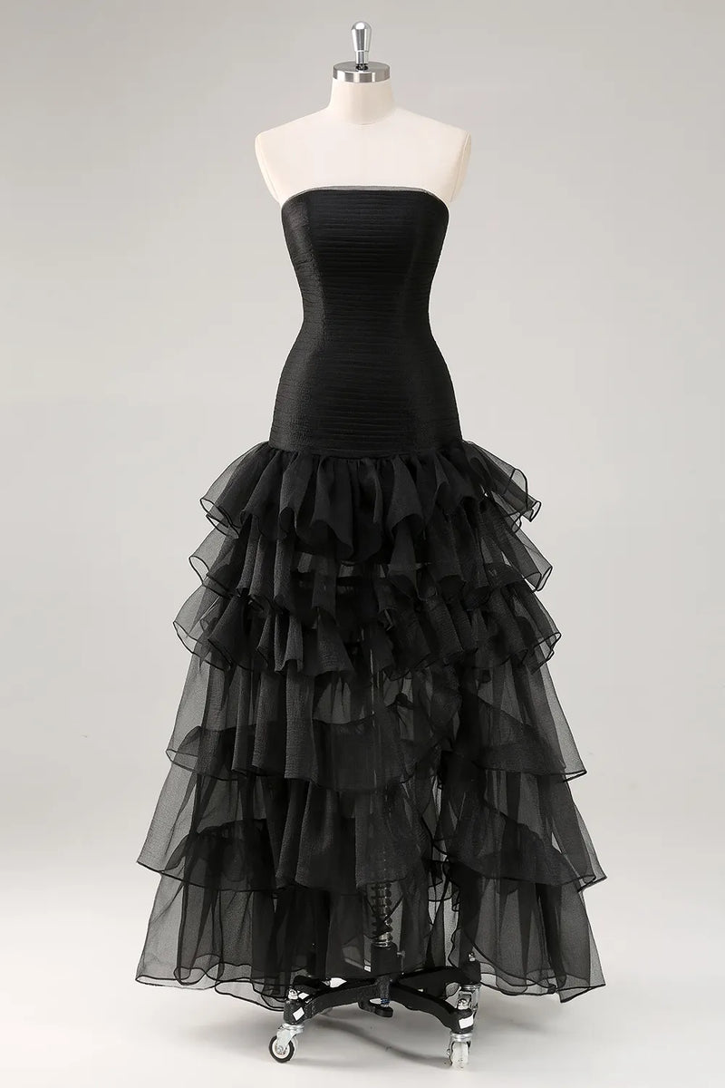 Load image into Gallery viewer, Black Strapless Organza Tiered Maxi Formal Dress