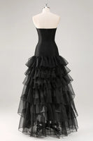 Load image into Gallery viewer, Black Strapless Organza Tiered Maxi Formal Dress