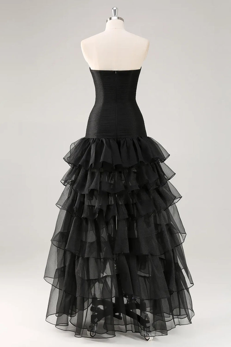 Load image into Gallery viewer, Black Strapless Organza Tiered Maxi Formal Dress