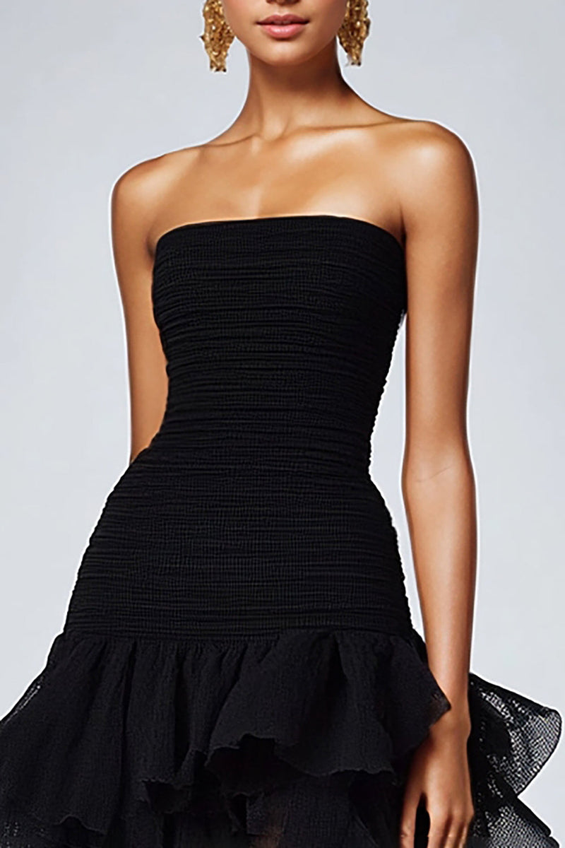Load image into Gallery viewer, Black Strapless Organza Tiered Maxi Formal Dress