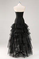 Load image into Gallery viewer, Elegant Black Strapless Tiered Maxi Organza Formal Dress with Slit