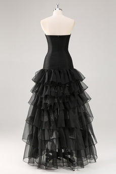 Elegant Black Strapless Tiered Maxi Organza Formal Dress with Slit