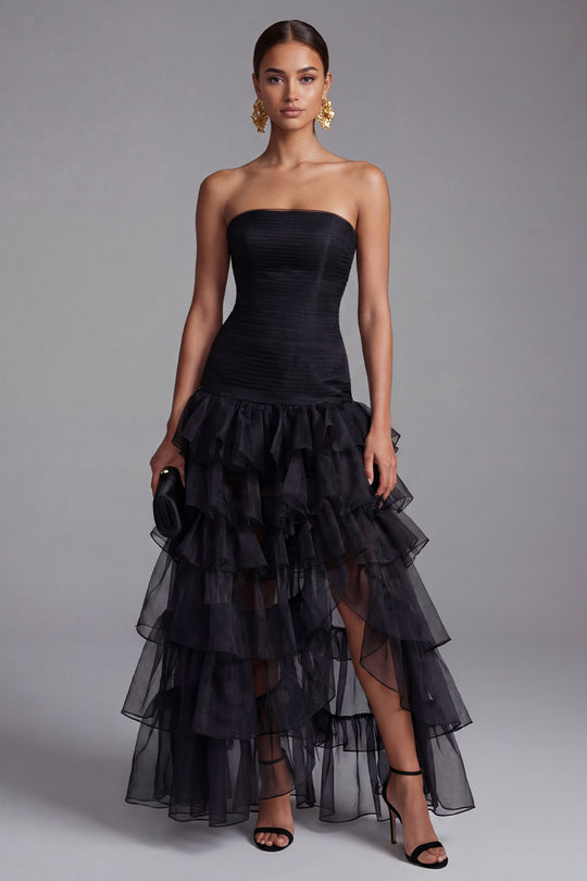 Black Strapless Organza Tiered Maxi Formal Dress