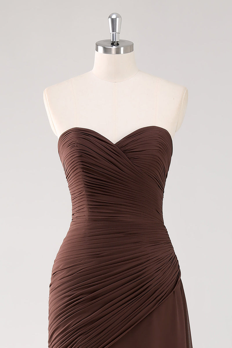 Load image into Gallery viewer, Chiffon Dark Brown Strapless Tiered Long Sheath Formal Dress