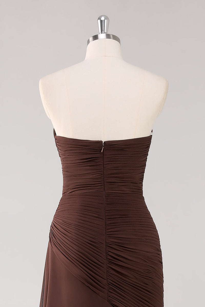 Load image into Gallery viewer, Chiffon Dark Brown Strapless Tiered Long Sheath Formal Dress