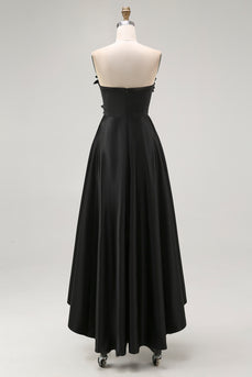Black Satin Asymmetrical Formal Dress with 3D Flowers