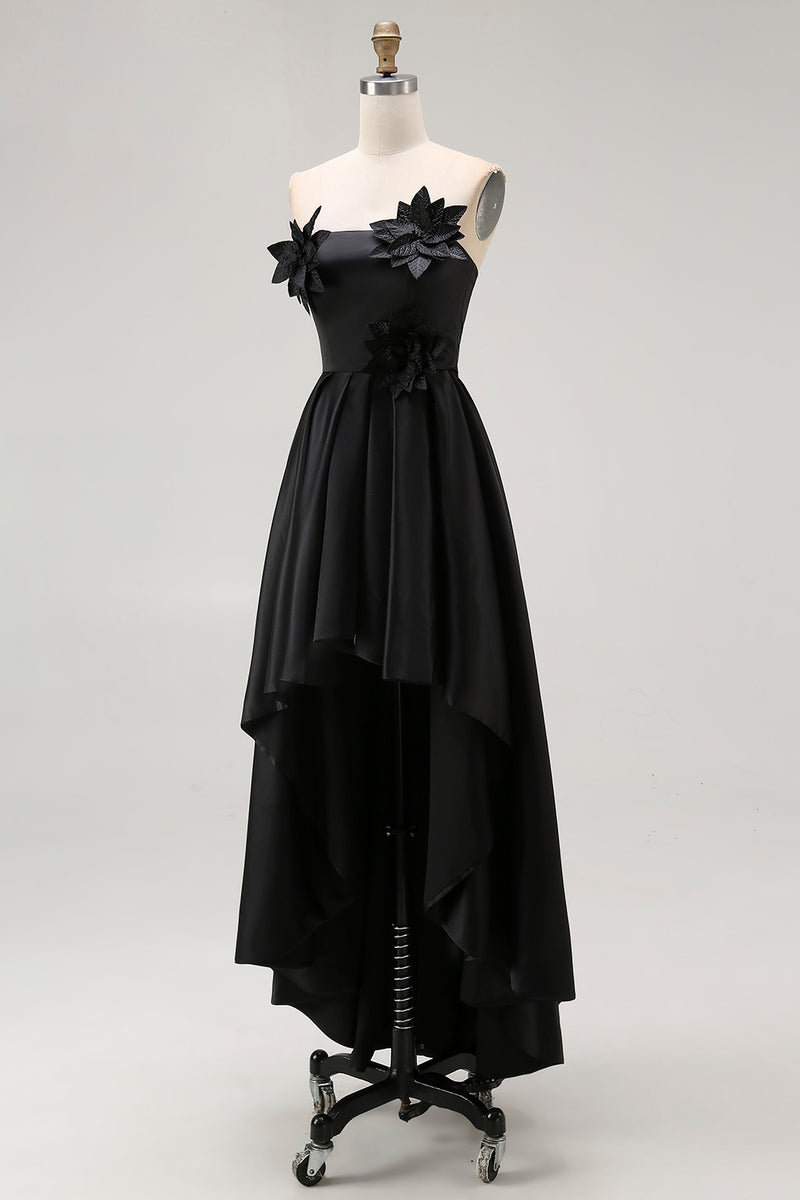 Load image into Gallery viewer, Black Satin Asymmetrical Formal Dress with 3D Flowers