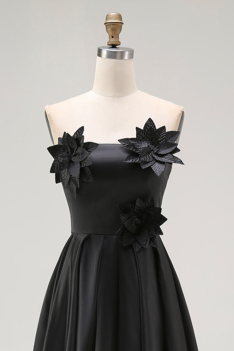 Load image into Gallery viewer, Black Satin Asymmetrical Formal Dress with 3D Flowers