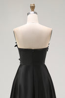 Load image into Gallery viewer, Black Satin Asymmetrical Formal Dress with 3D Flowers