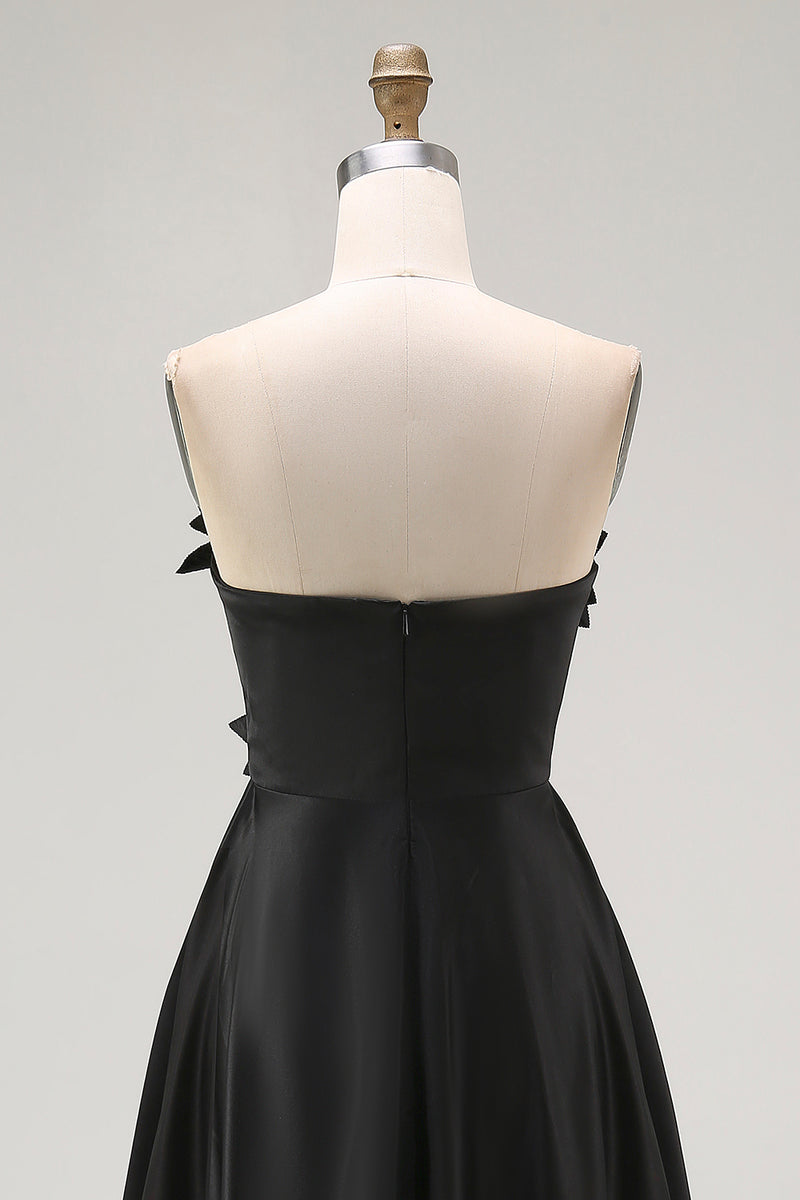 Load image into Gallery viewer, Black Satin Asymmetrical Formal Dress with 3D Flowers
