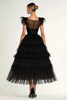 Load image into Gallery viewer, Black Tulle A Line Tiered Long Formal Dress