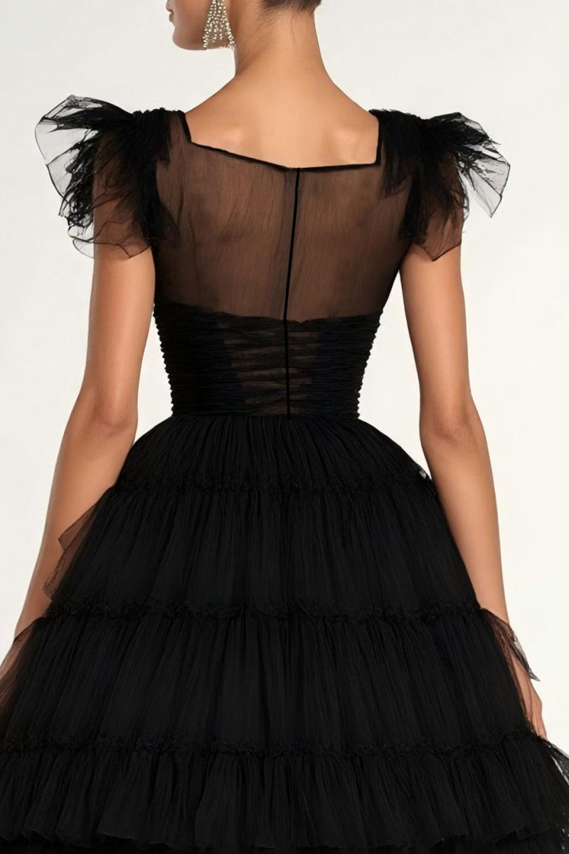 Load image into Gallery viewer, Black Tulle A Line Tiered Long Formal Dress