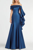 Load image into Gallery viewer, Dark Blue Off the Shoulder Mermaid Satin Long Formal Dress