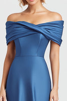 Load image into Gallery viewer, Blue Mermaid Satin Off the Shoulder Ruched Long Formal Dress