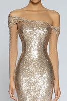 Load image into Gallery viewer, Sparkly Champagne Sequin Long Formal Dress with Long Sleeves