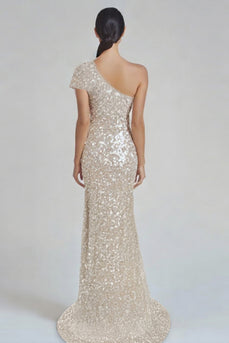 Champagne One Shoulder Sparkly Sequin Long Formal Dress