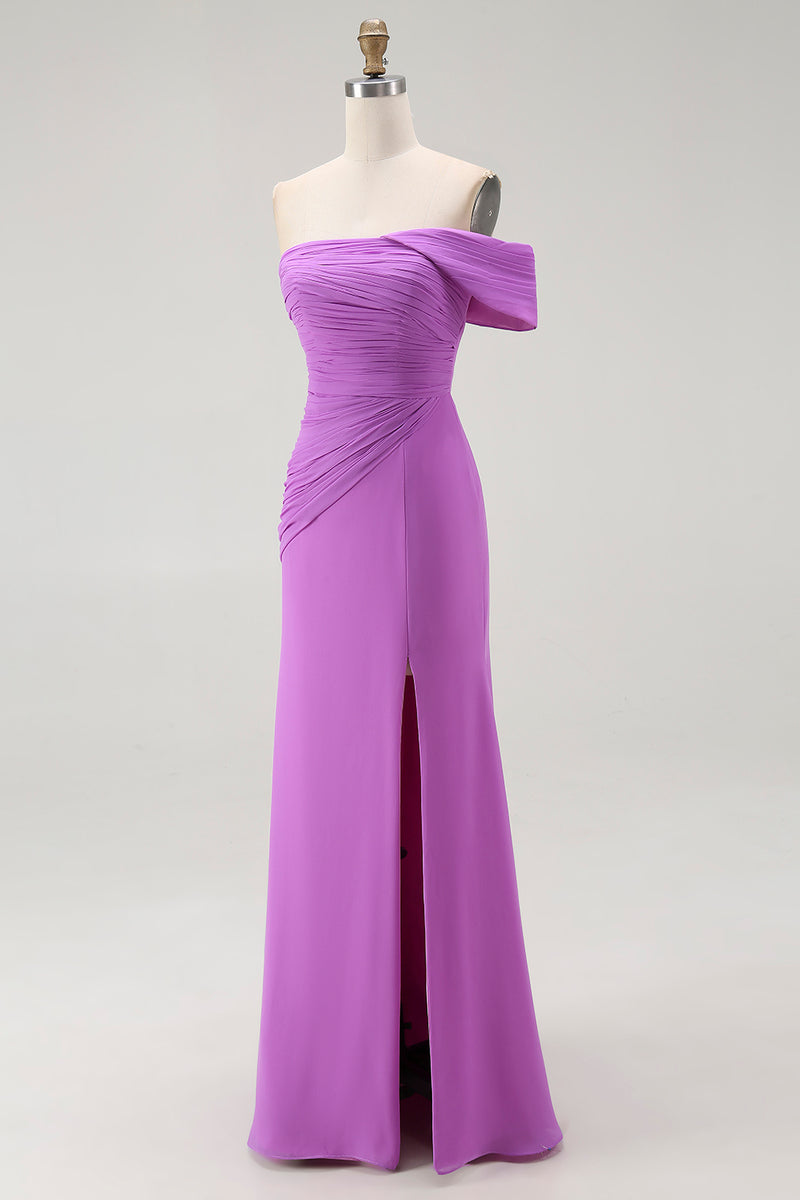 Load image into Gallery viewer, Purple Off the Shoulder Chiffon Ruched Maxi Formal Dress with Slit
