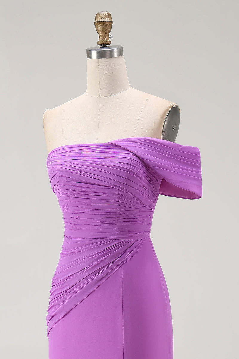 Load image into Gallery viewer, Purple Off the Shoulder Chiffon Ruched Maxi Formal Dress with Slit