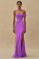 Load image into Gallery viewer, Purple Off the Shoulder Chiffon Ruched Maxi Formal Dress with Slit